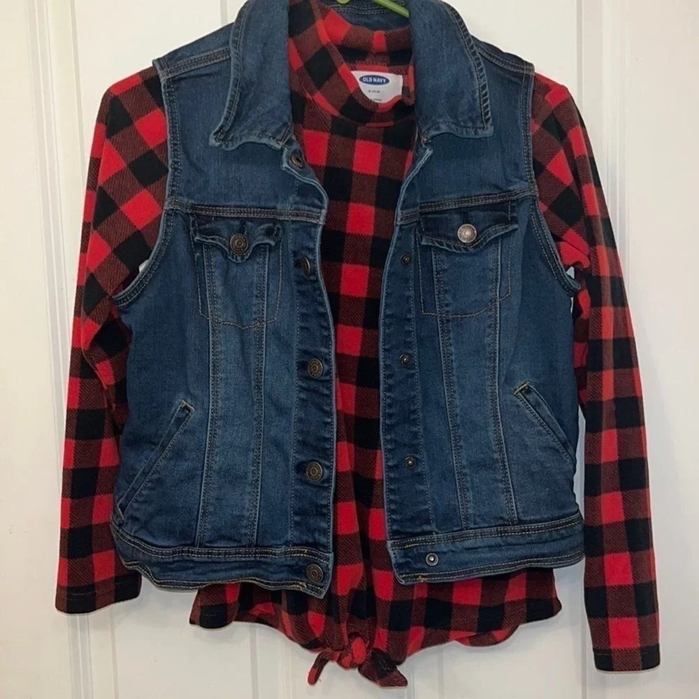 Old Navy Girls Denim Vest Red‎ Buffalo Plaid fleece 14/16 Woodsy valentines